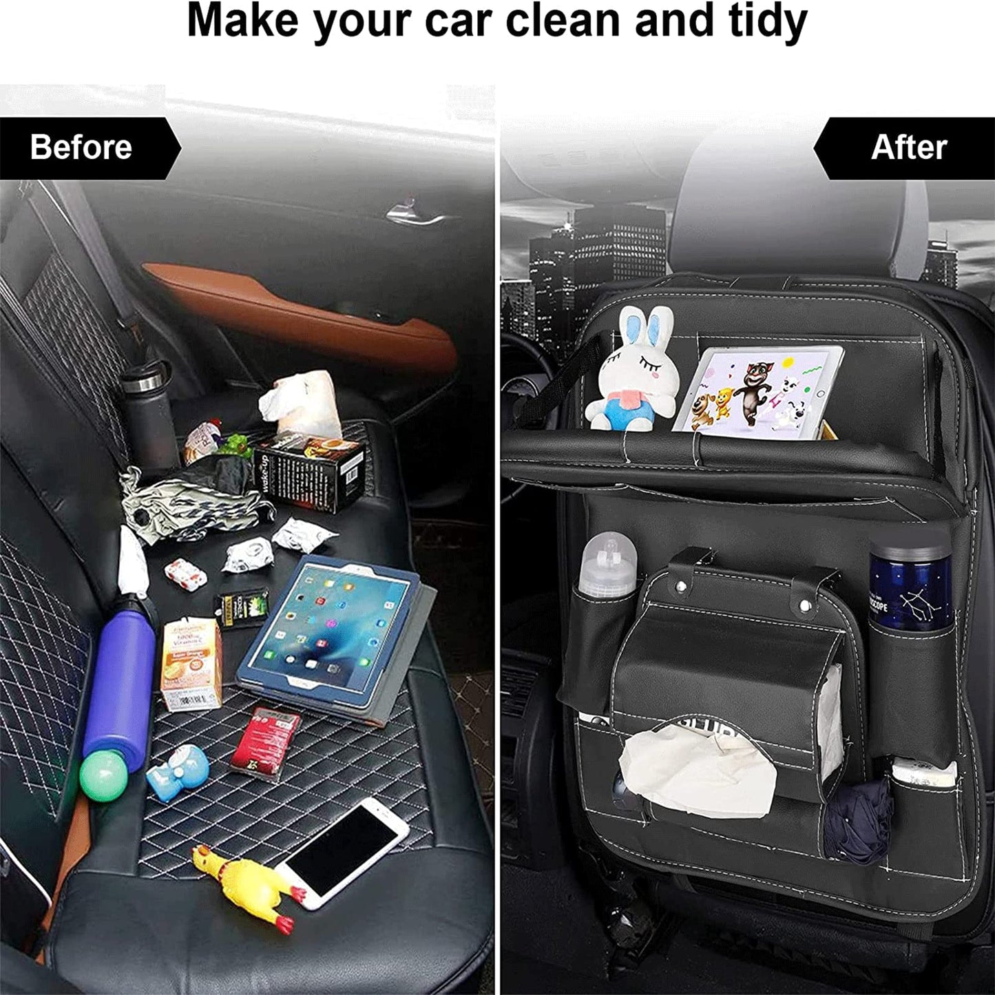 CAR SEATBACK ORGANIZER WITH FOLDABLE TABLE TRAY